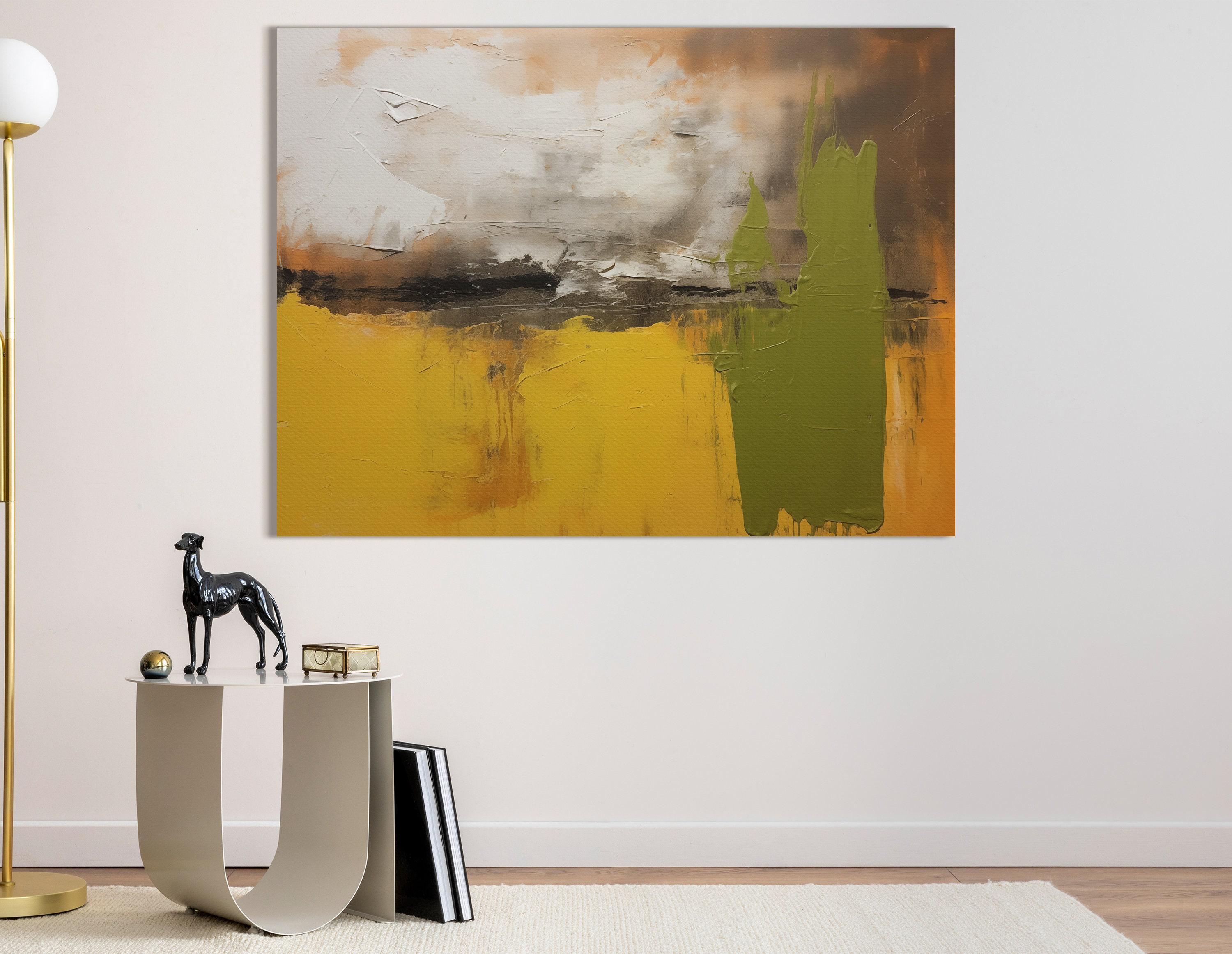 Abstract painting in mustard yellow, olive green, cream and dark charcoal with textured brush marks detail view
