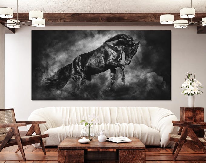 Black Horse Wall Art, Large Equine Canvas Print, Black Stallion Artwork, Modern Horse Art Print, Oversized Wall Decor, Horse Lover Gift Idea