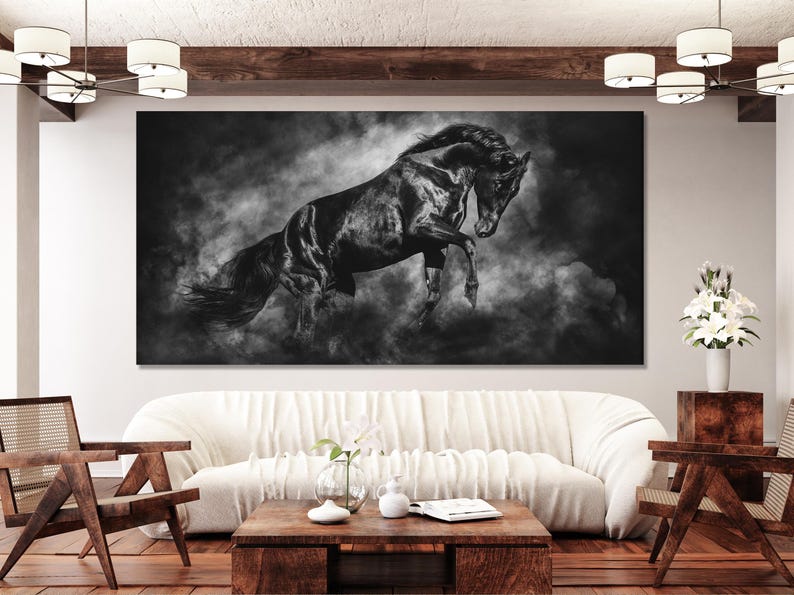 Black and white running horse artwork with a smoky grey cloud background