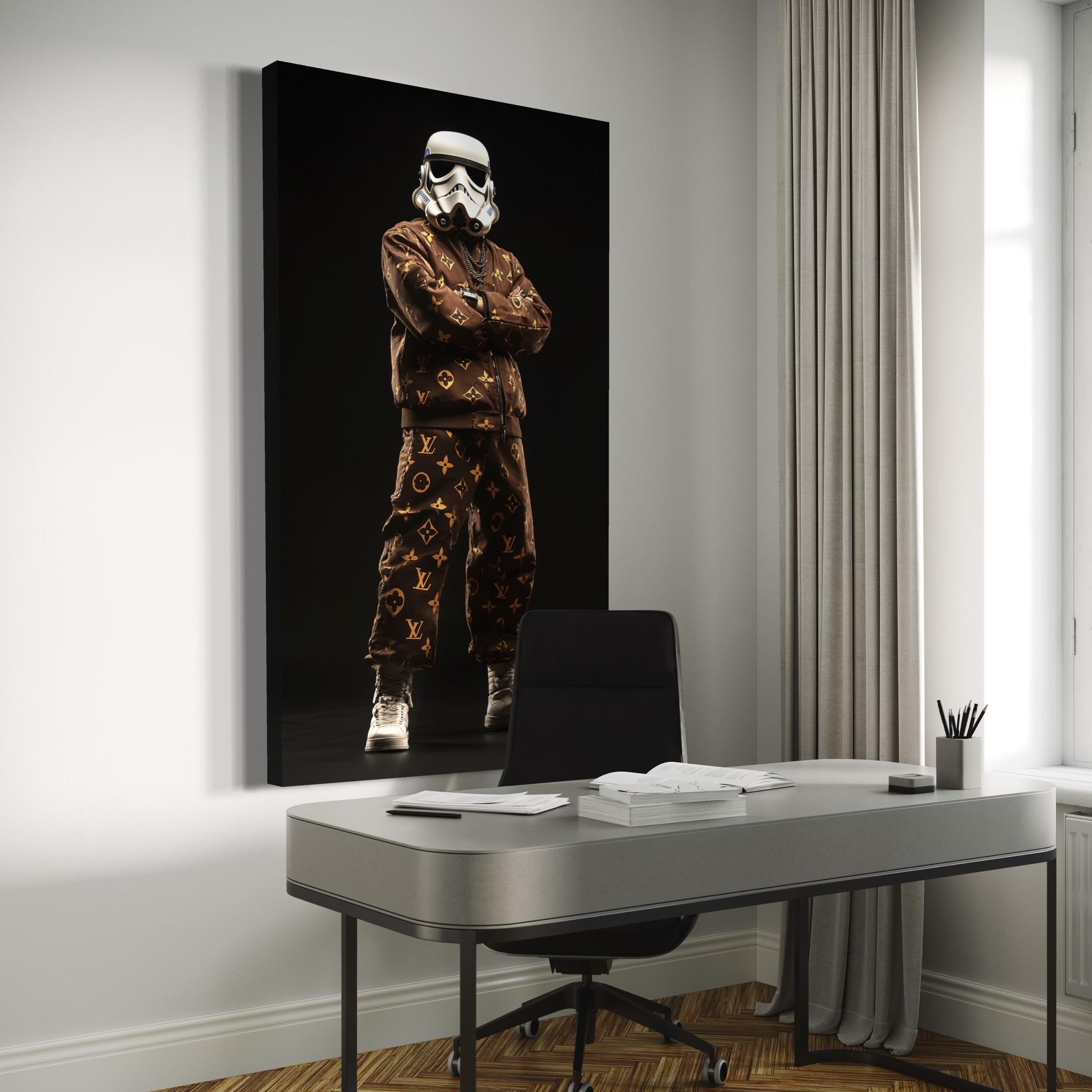 Stormtrooper character with arms crossed wearing a dark gold-patterned outfit against a black background detail view