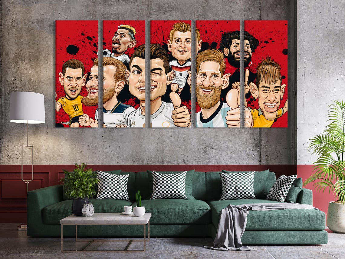 Football caricature artwork displayed above a dining table in a bright room