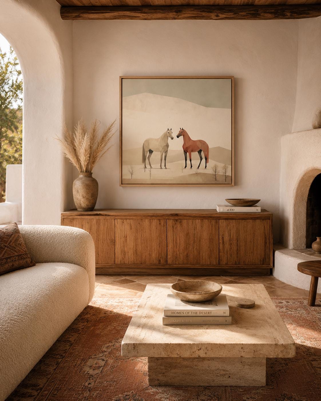 People holding wine near a framed minimalist desert horse artwork on a wall