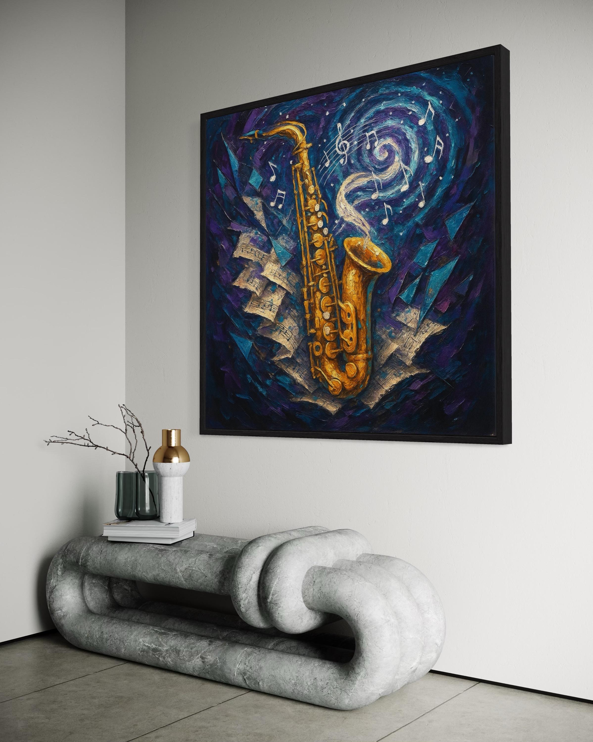 Abstract saxophone in warm gold with musical notes over swirling deep blue and purple background detail view