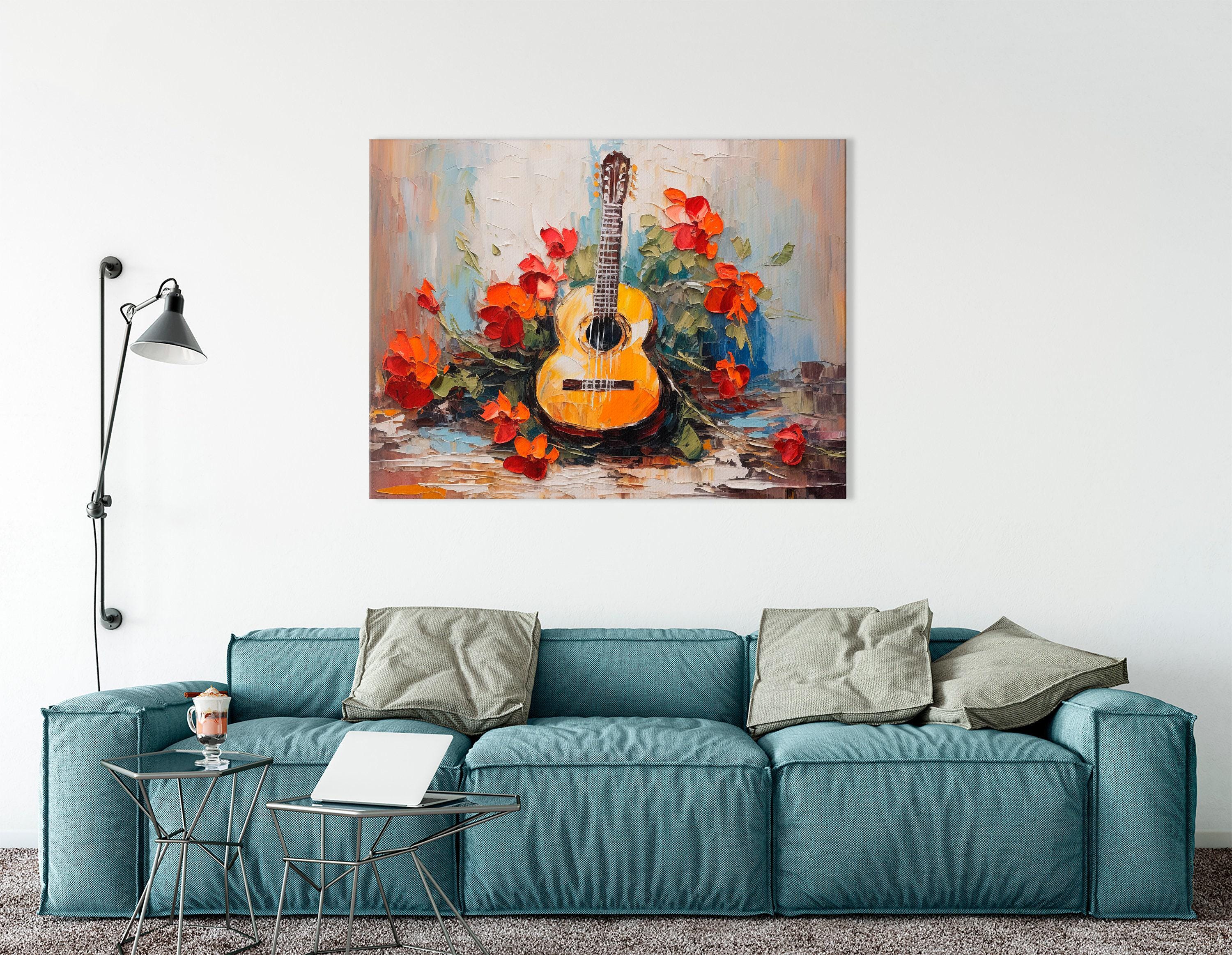 A textured guitar illustration is surrounded by vivid red orange flowers and green leaves on a light, painterly background with layered impasto marks
