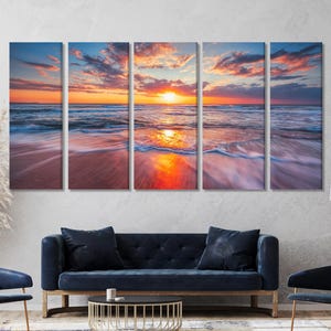 Impressão de pôr do sol no oceano – Arte de parede com paisagem marinha, impressão de arte de praia com pôr do sol moderno, arte de parede costeira com vários painéis para decoração de parede de sala de estar ou quarto