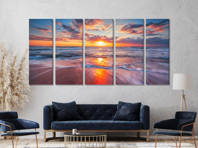 Multi-panel ocean sunset seascape with a glowing sun, shimmering reflections, waves and layered clouds