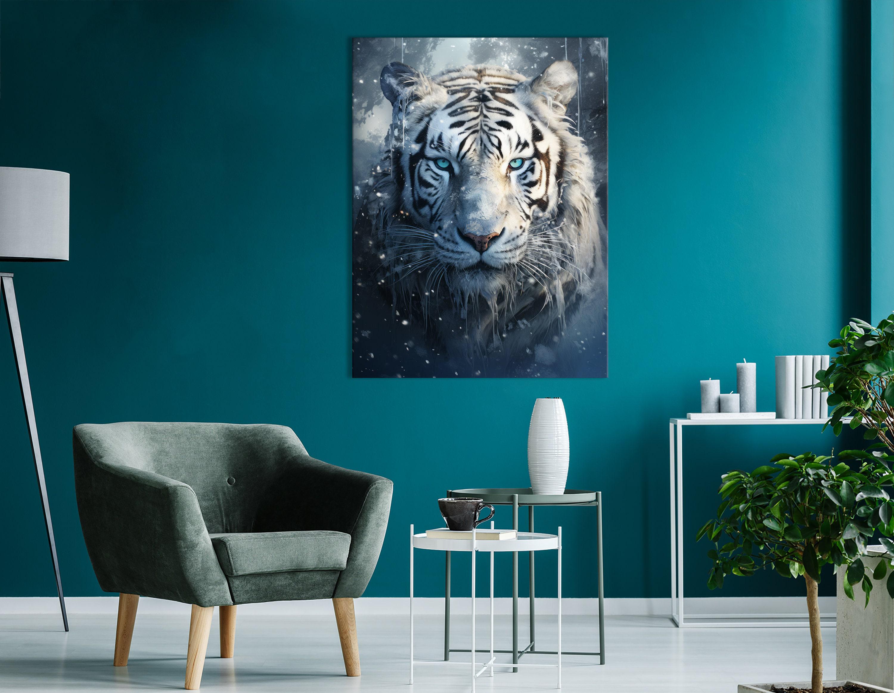 White tiger portrait with blue eyes and falling snow flecks on a dark icy blue background detail view