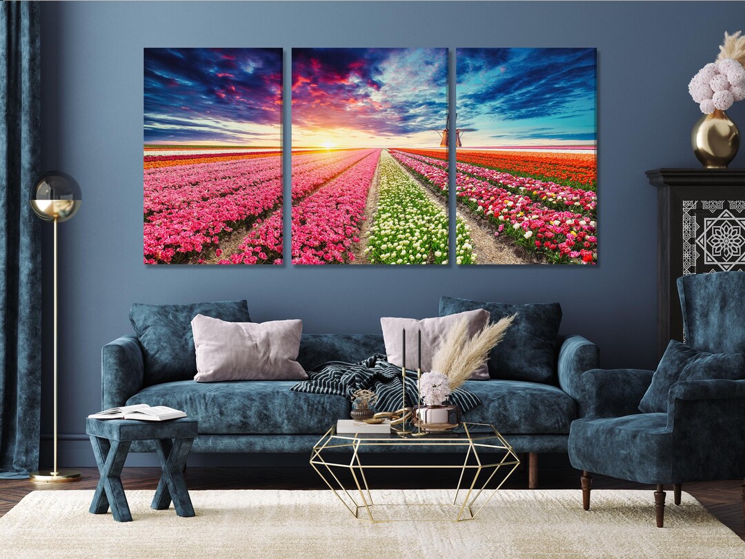 Tulip Field Wall Art – Flower Field Landscape Wall Art, Dutch Windmill ...