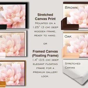 various framed canvas prints, including a stretched canvas print mounted on a wooden frame, a framed canvas print with a floating frame, and a stretched canvas print with a floating frame. The text provides information about the different frame options and their characteristics, such as the depth of the frame and the overall appearance of the canvas print.