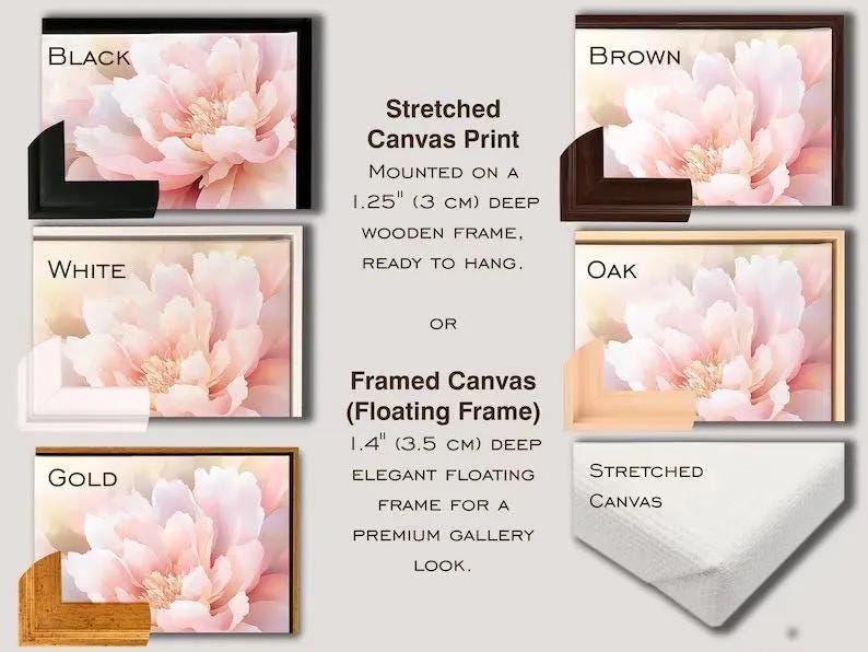 various framed canvas prints, including a stretched canvas print mounted on a wooden frame, a framed canvas print with a floating frame, and a stretched canvas print with a floating frame. The text provides information about the different frame options and their characteristics, such as the depth of the frame and the overall appearance of the canvas print.