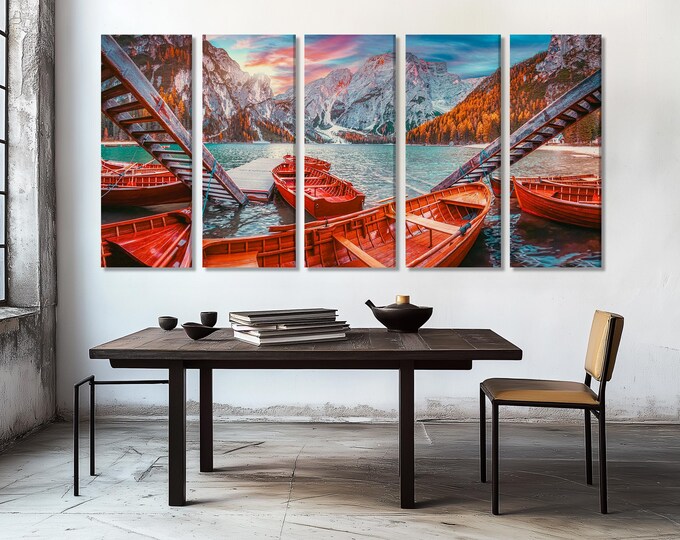 Alpine Lake Wall Art Lago di Braies Canvas Print Dolomites Mountain Art Landscape Print Large 5 Panel Alps Artwork Print Nature Wall Decor