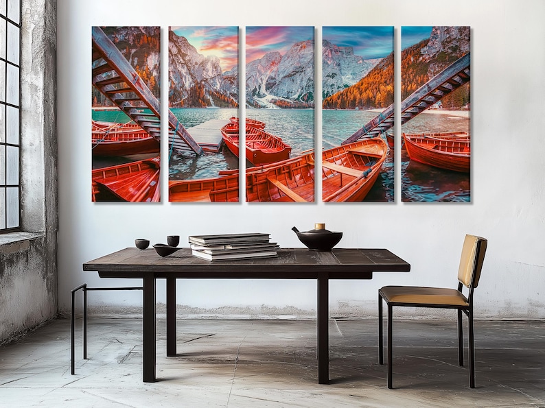Five-panel alpine lake scene with red boats, blue water, snowy mountains and pink-blue sky