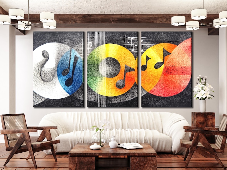 Three vibrant abstract panels show large music-note shapes over black speckled and geometric grids, with circular colour fields in blue, yellow and