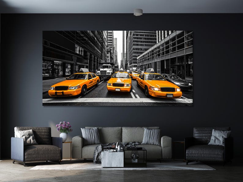 New York Taxi Wall Art Iconic Yellow NY Cabs Canvas Print Large Urban ...