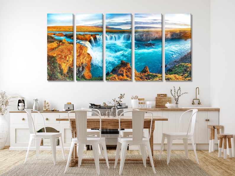 Five-panel waterfall landscape artwork with cascading white water and turquoise pools over dark rocks