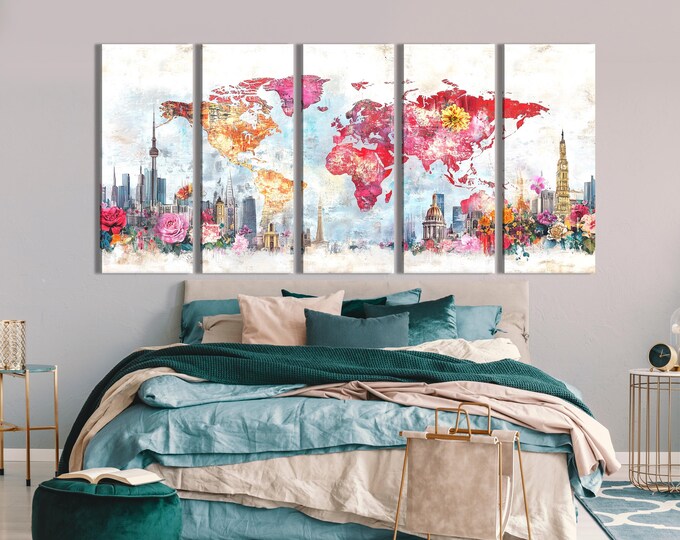 Colorful Flower World Map Canvas Abstract Cityscape Wall Art Floral Travel Map Painting Modern Home Interior Skyline Decor