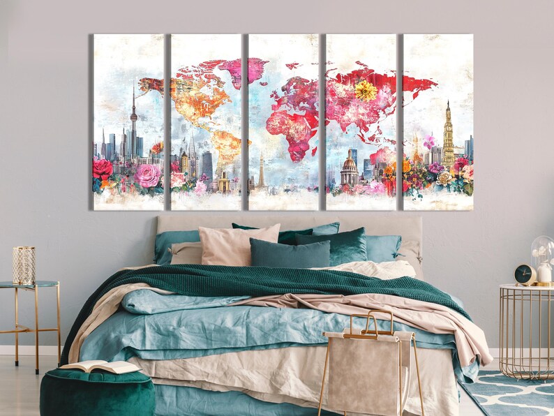 Five-panel world map artwork with pink roses and city skyline silhouettes