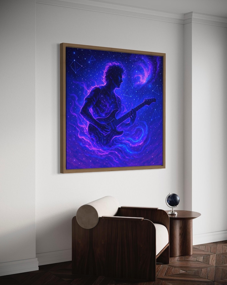 Silhouetted guitarist playing an electric guitar in a neon purple galaxy with stars and constellation lines