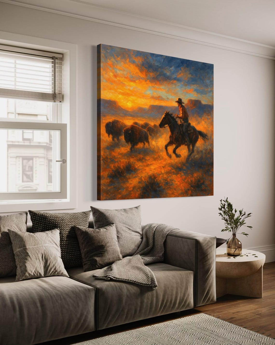 Western sunset painting showing a rider on horseback herding a buffalo herd across an orange and blue sky detail view