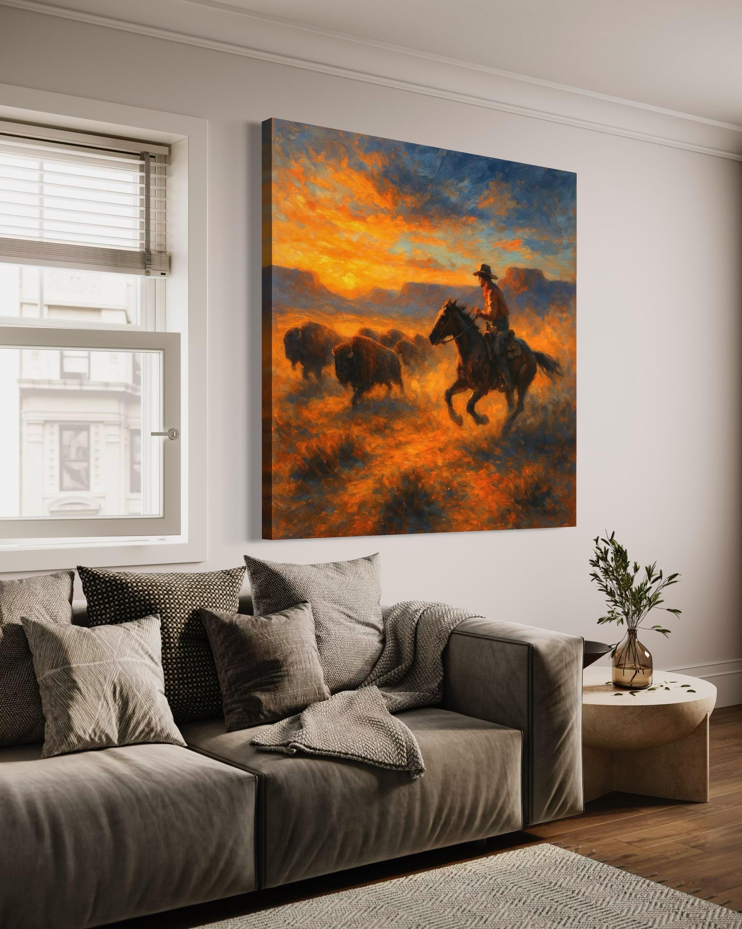 Western sunset painting showing a rider on horseback herding a buffalo herd across an orange and blue sky detail view