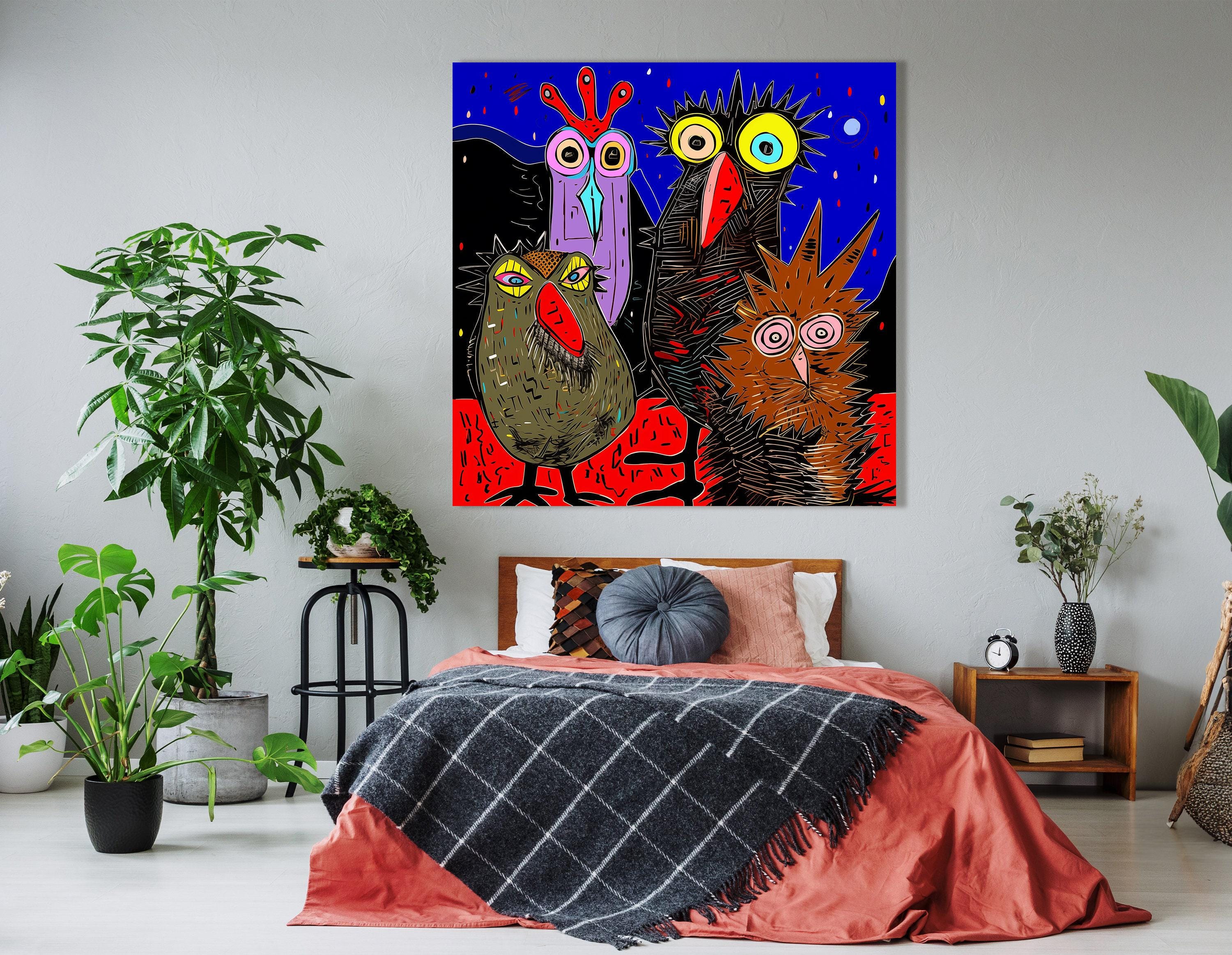 Colourful owl quartet illustration with oversized eyes on an electric blue rainy sky detail view
