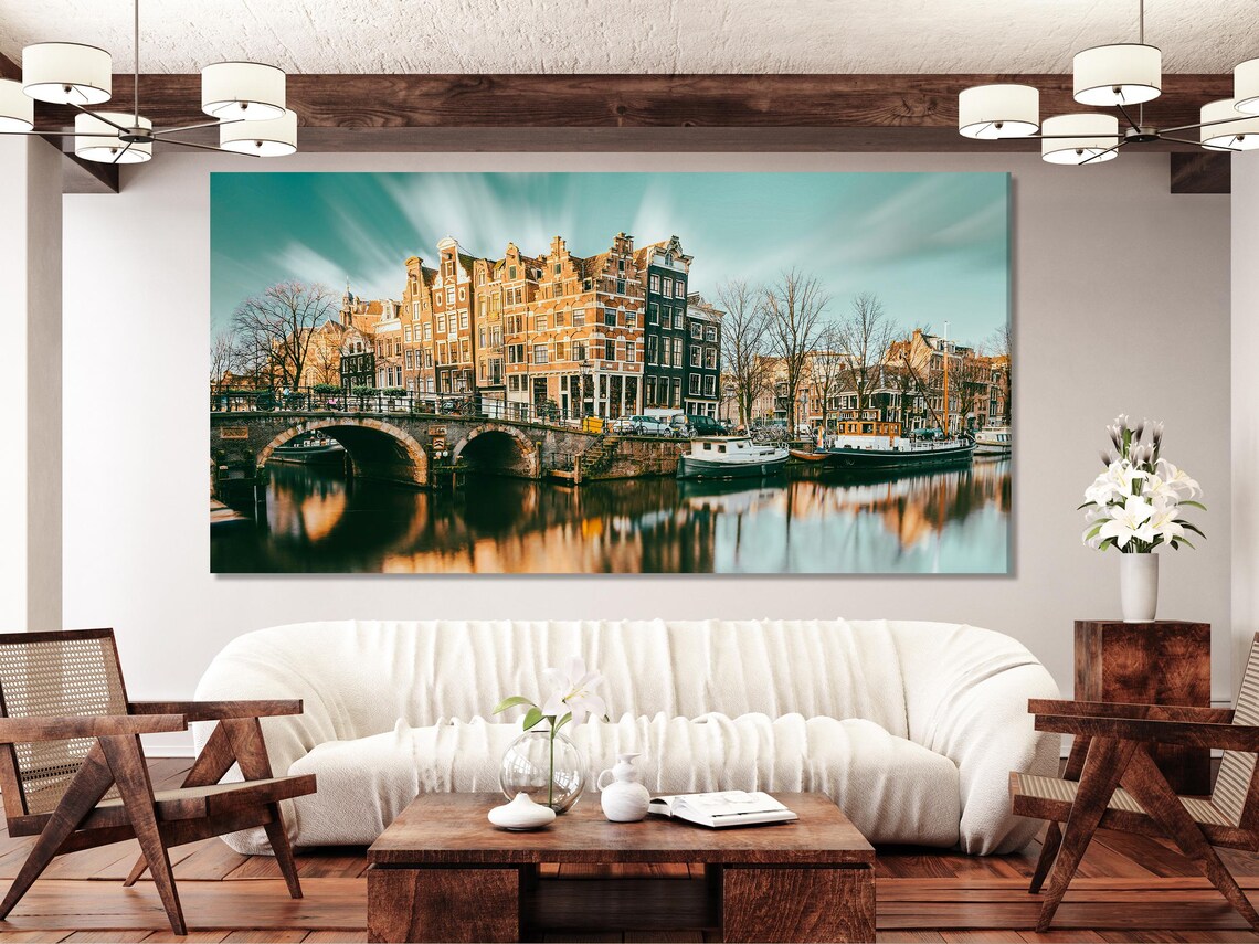 Five vertical city panels showing brick canal houses, a stone bridge, boats and water reflections detail view