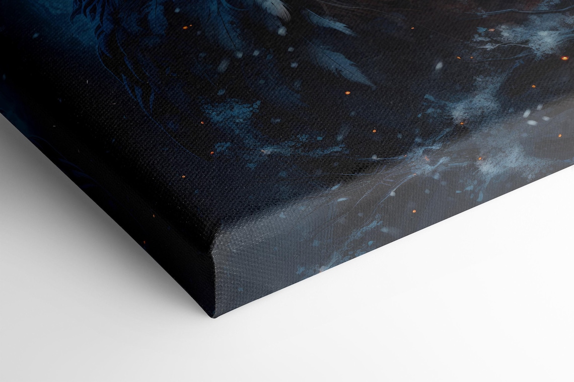 Midnight blue owl with amber eyes in a dark woodland night scene with glowing specks detail view