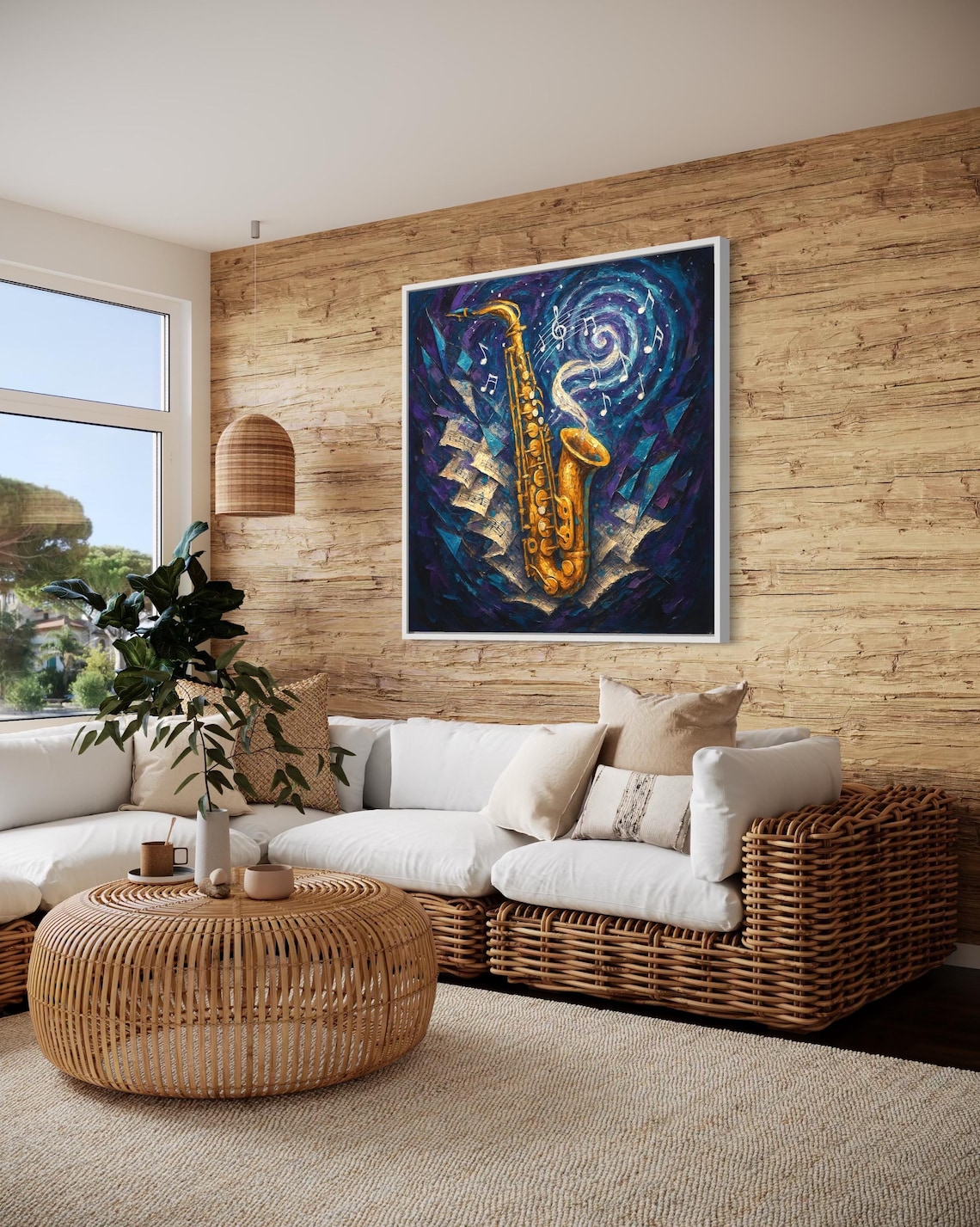 Abstract saxophone in warm gold with musical notes over swirling deep blue and purple background detail view