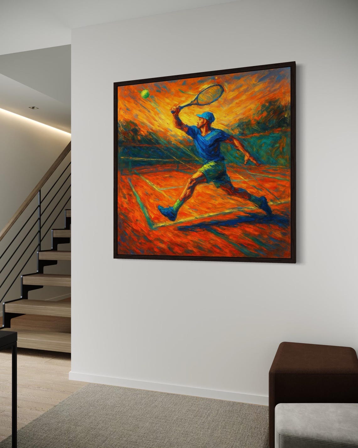A painterly tennis player in blue is captured mid-serve on a vivid orange clay-court backdrop with dynamic strokes and green accents detail view