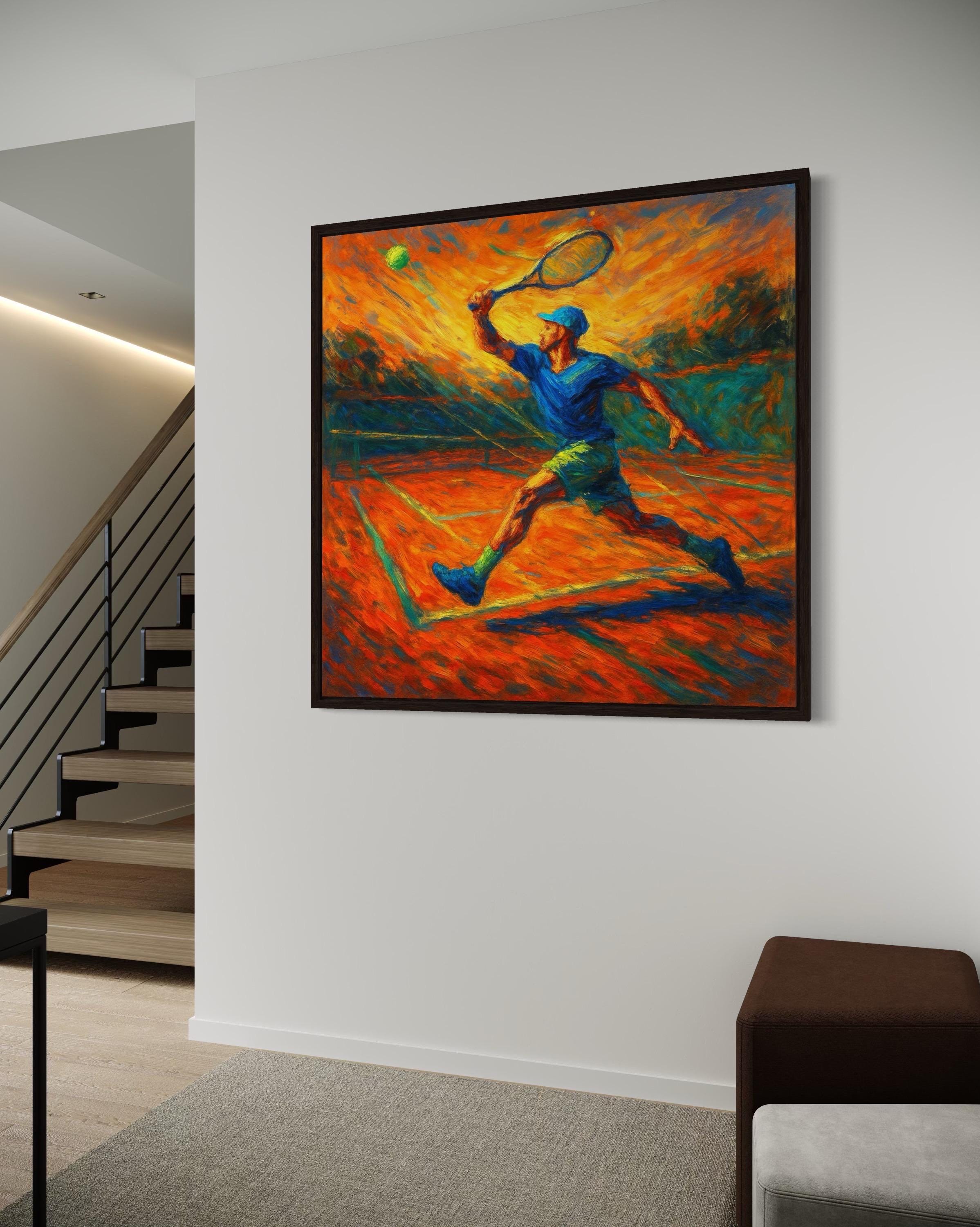 A painterly tennis player in blue is captured mid-serve on a vivid orange clay-court backdrop with dynamic strokes and green accents detail view