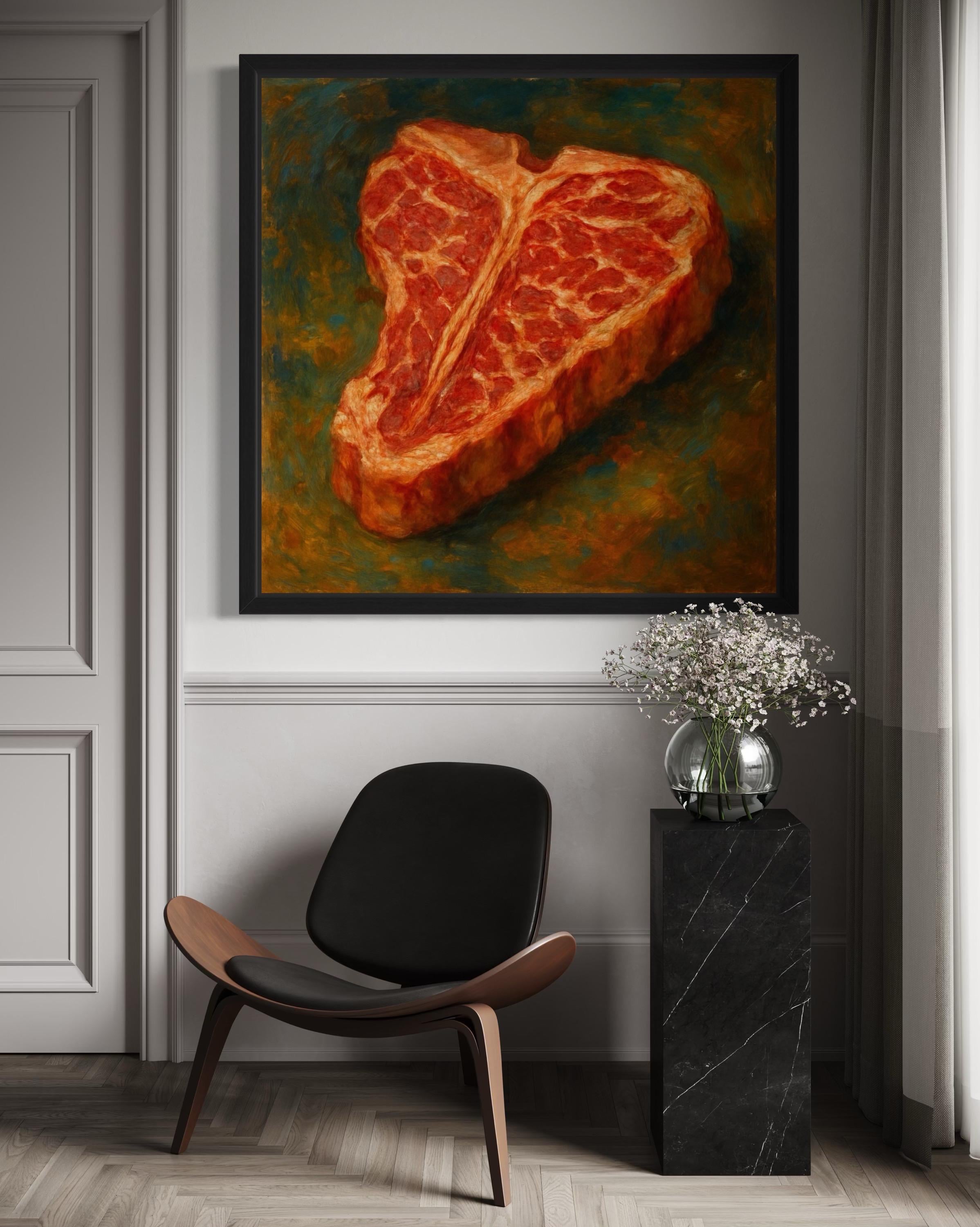 Painterly red-orange t-bone steak with marbled texture against a mottled green background detail view