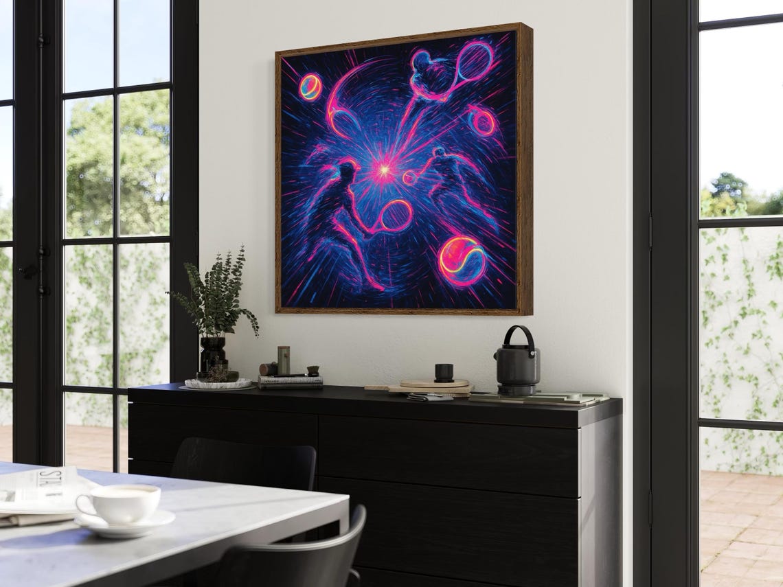 Neon tennis artwork with two silhouetted players facing a bright pink and blue starburst detail view