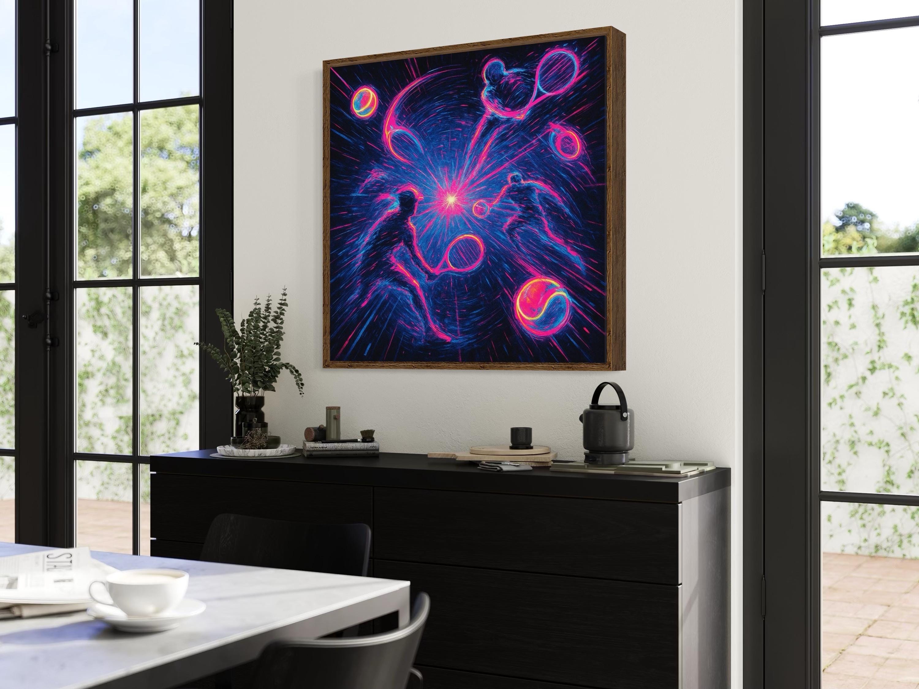 Neon tennis artwork with two silhouetted players facing a bright pink and blue starburst detail view