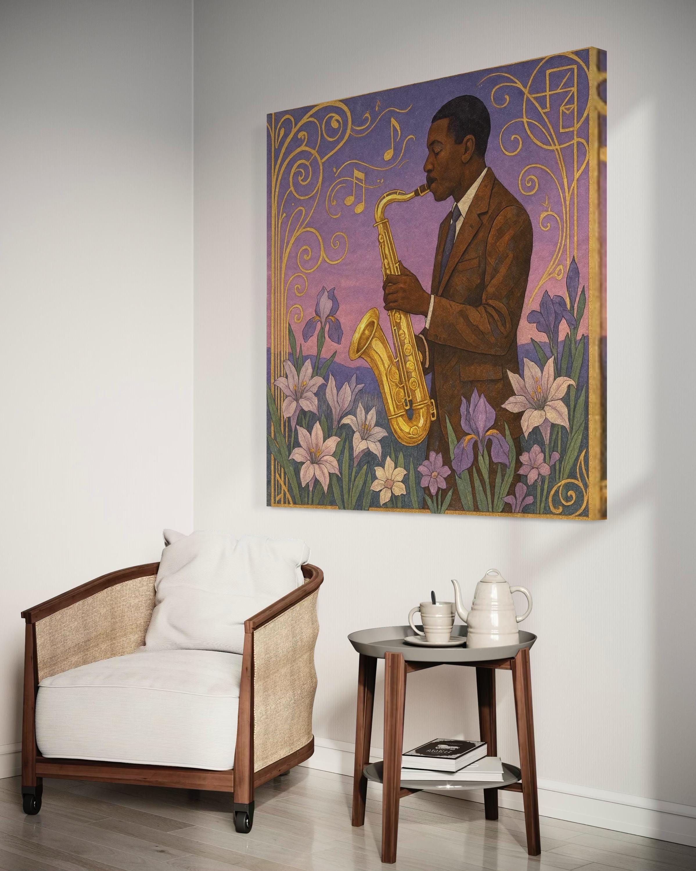 Framed saxophonist wall artwork displayed in a modern interior with marble fireplace surround