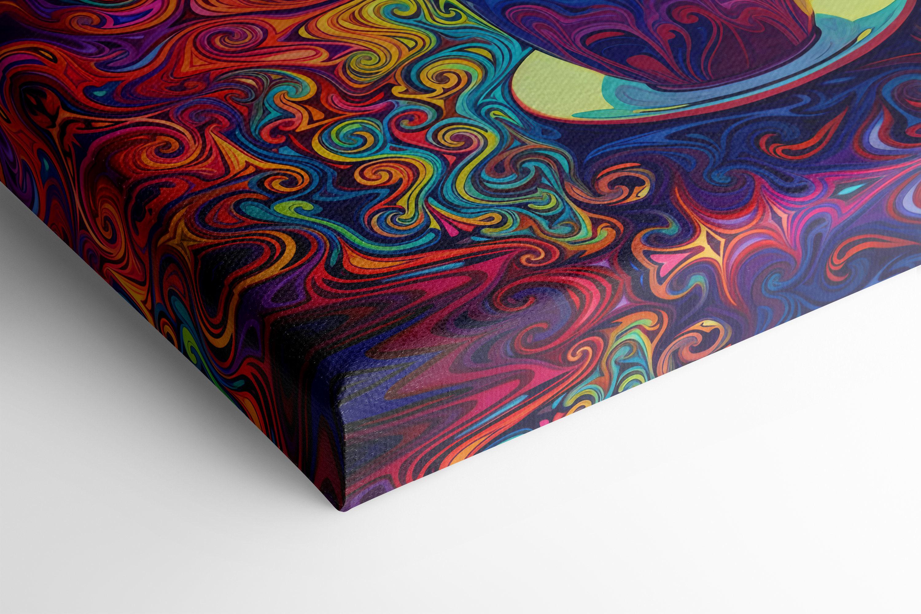 A vivid neon swirl illustration shows a purple coffee cup with rainbow steam, surrounded by tightly curling ornamental patterns detail view