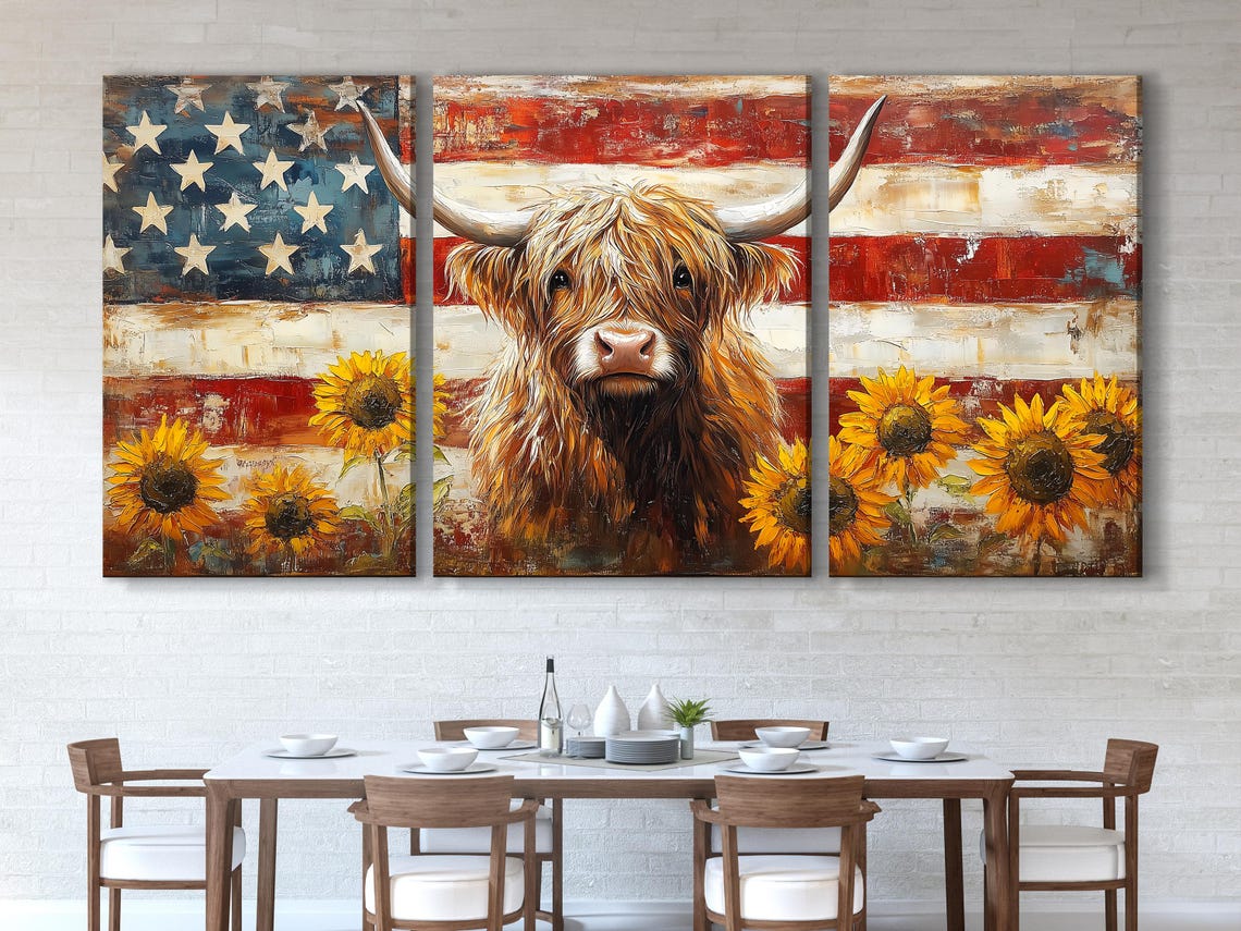 Living room mockup with a sofa and framed cow-and-sunflower artwork on the wall