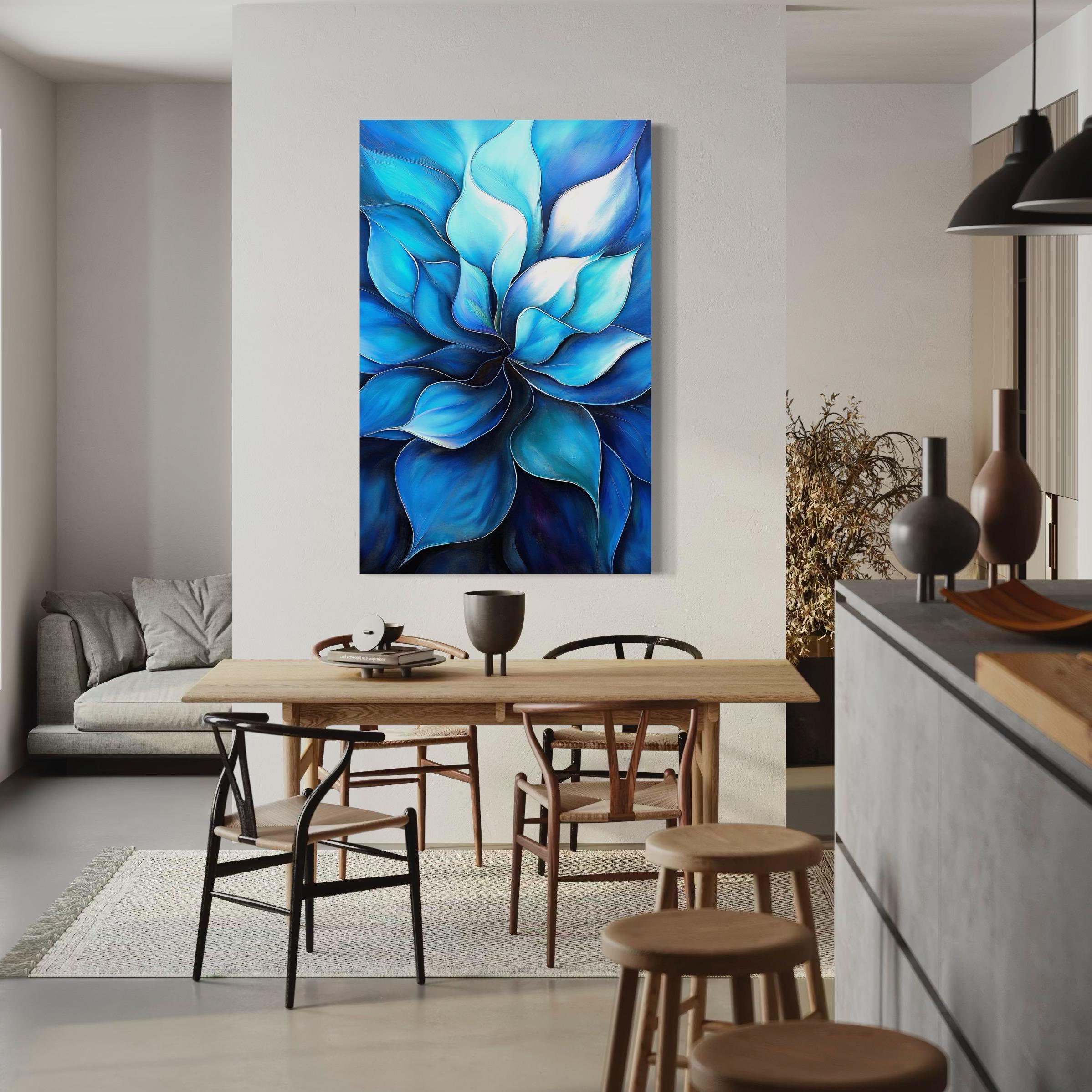 Room mockup showing a portrait abstract blue floral artwork above a table with plants