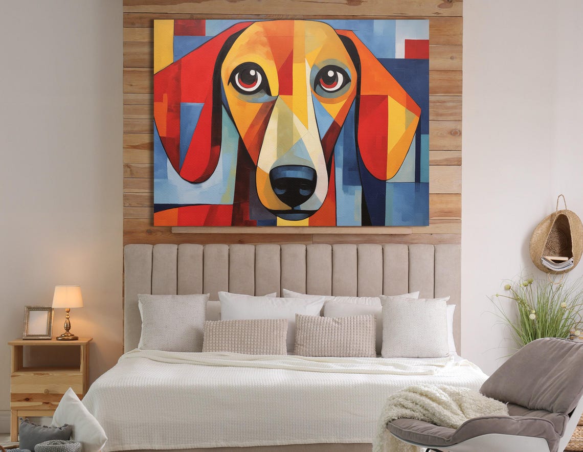 Geometric pop-cubist dachshund portrait in red, blue and mustard tones with big expressive eyes detail view