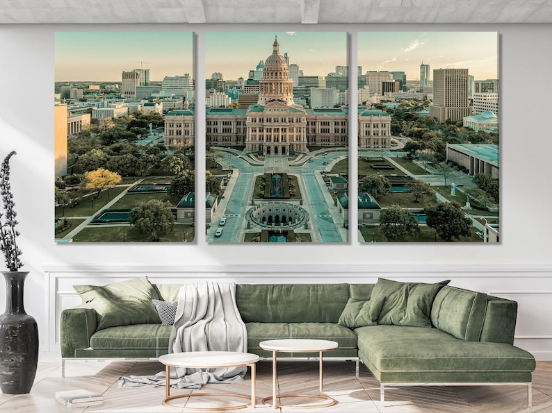A multi-panel aerial view centred on a domed capitol building with roads, gardens and skyline