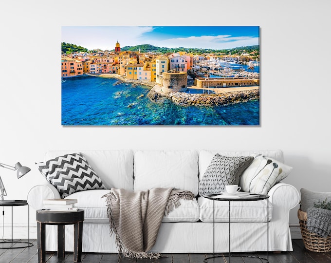 Saint-Tropez Canvas Print, Large Colorful French Riviera Wall Art, Oversized Cote d’Azur Coastal Artwork for Vibrant Home or Office Decor
