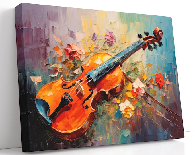 Violin Canvas Art – Orange Amber Fiddle with Roses, Modern Impasto Strokes, Teal Wall Decor for Music Room or Studio, Gift for Violinist