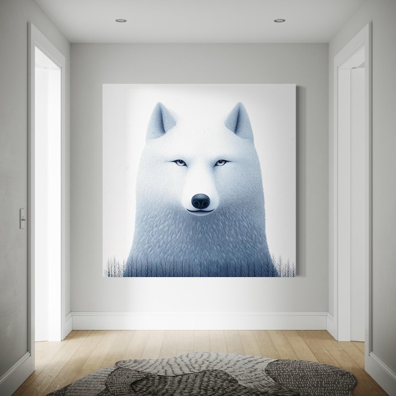 Blue-grey wolf portrait with pale muzzle and leafless tree silhouette at the bottom