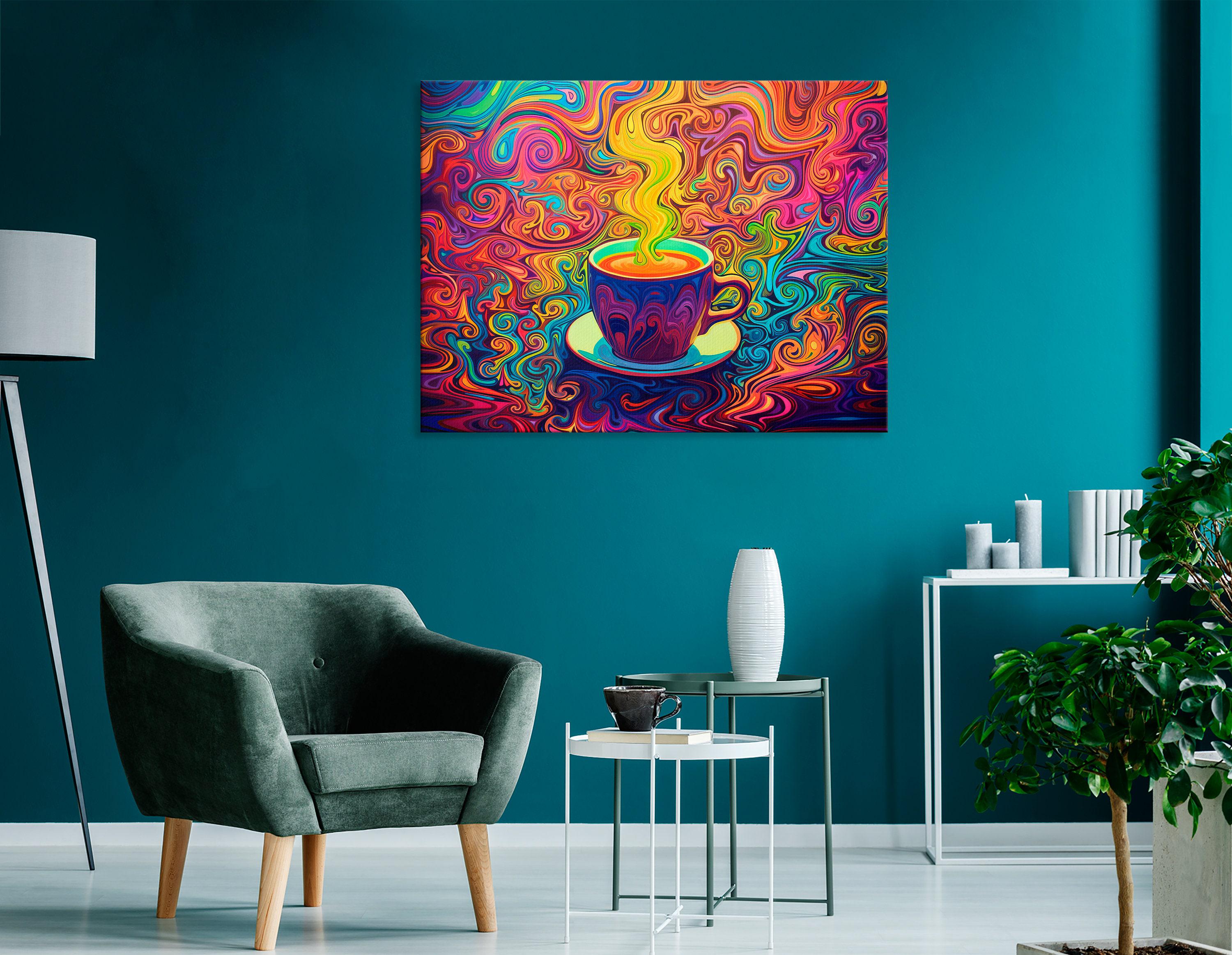 A vivid neon swirl illustration shows a purple coffee cup with rainbow steam, surrounded by tightly curling ornamental patterns detail view