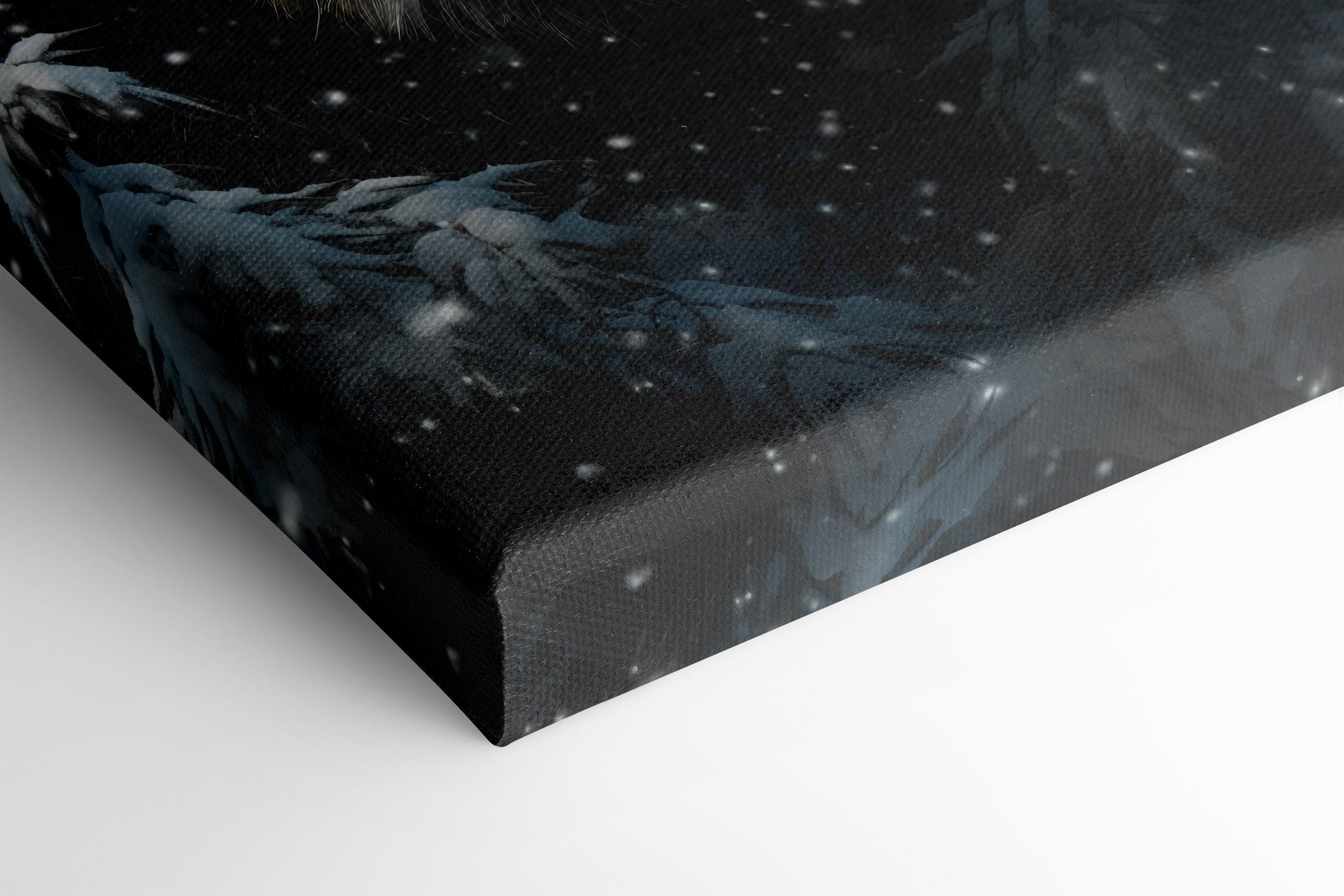 Snowy panda face artwork with falling snow and dark evergreen trees detail view