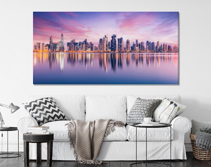 Doha Skyline Canvas Print, Qatar Cityscape Wall Art, Large Urban Landscape at Dusk, Modern Skyscraper Reflection Decor, Middle Eastern Print