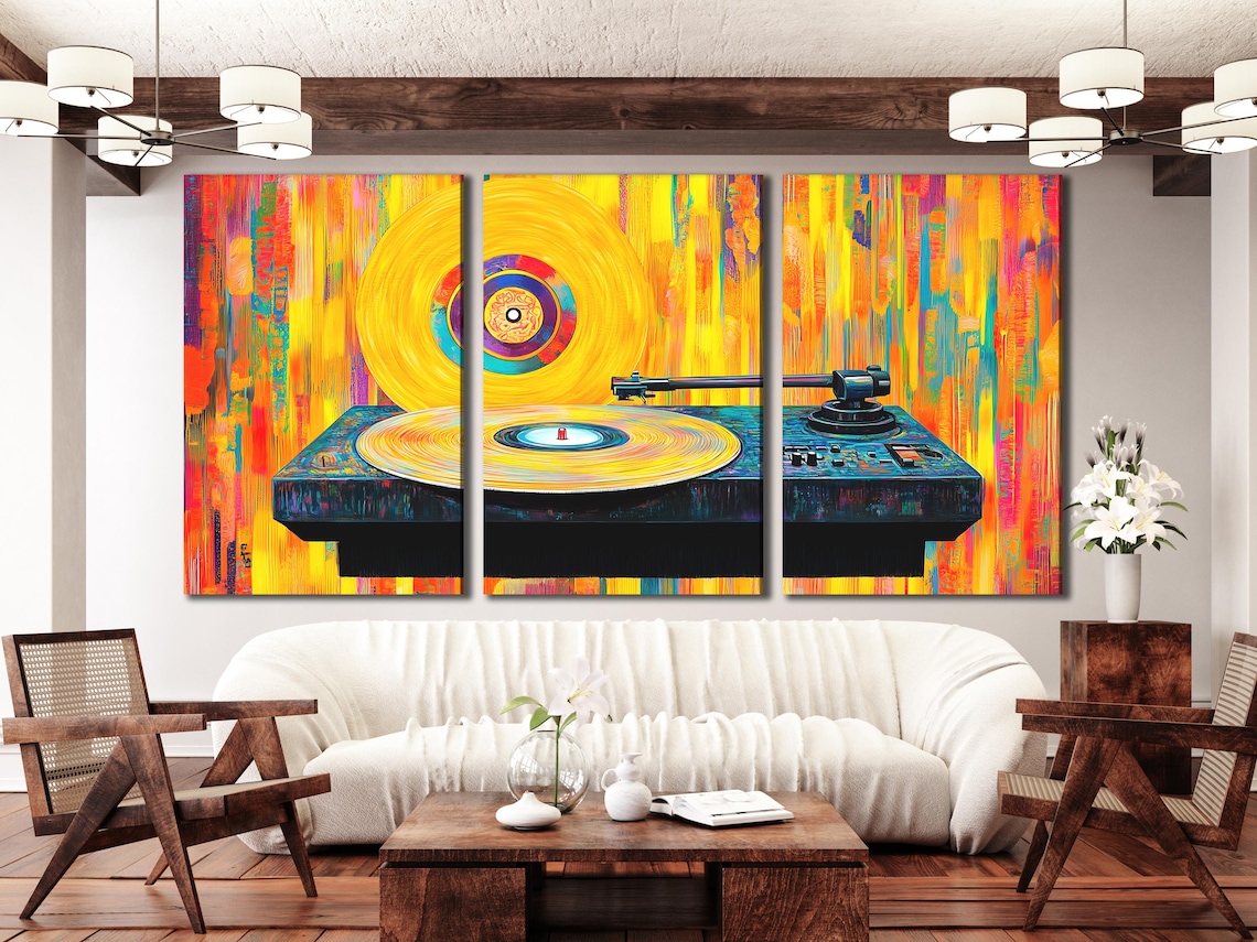 Bright abstract turntable with a spinning vinyl record, vertical paint streaks, and vivid yellow orange teal colours detail view
