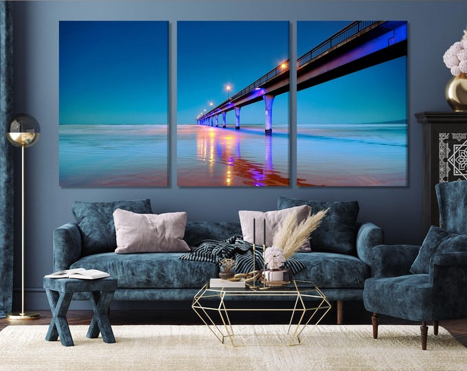 New Brighton Art Pier Canvas Print Large Coastal Wall Art Night Ocean View Artwork Modern New Zealand Beach Art Print Coastal Bedroom Decor