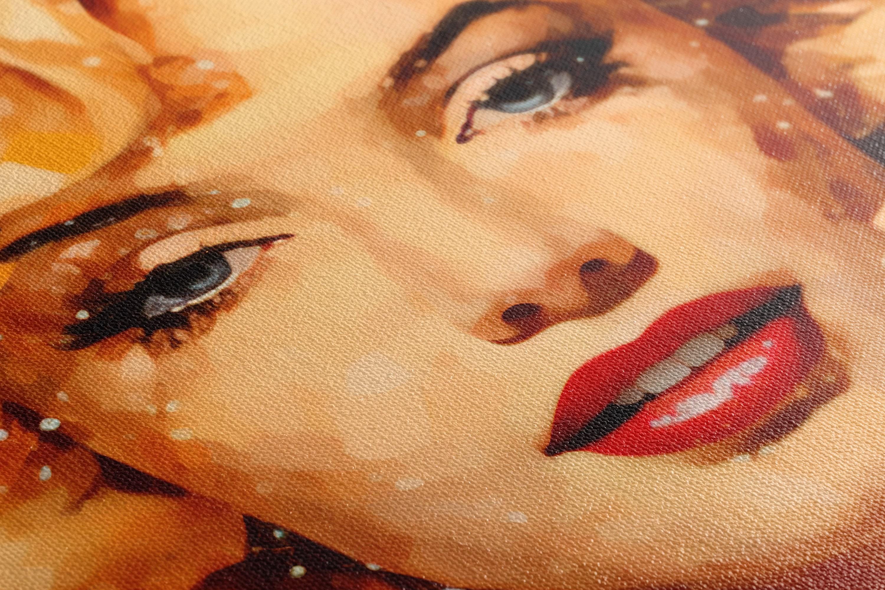 Warm amber blonde portrait with dark mosaic hair and red lips detail view