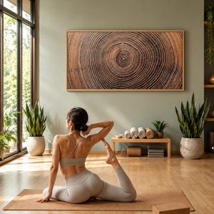 A rectangular wall art piece featuring a detailed wood grain cross-section with concentric rings in shades of brown and black, framed in light wood, displayed on a sage green wall above a yoga mat and a wooden bench with rolled towels.