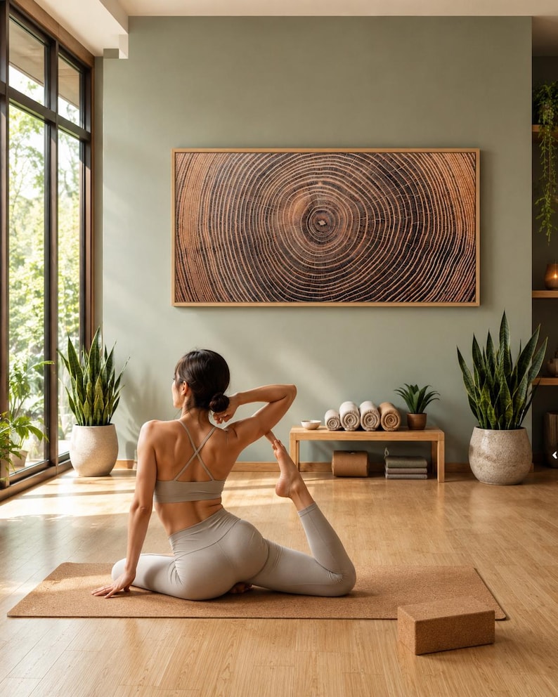 A rectangular wall art piece featuring a detailed wood grain cross-section with concentric rings in shades of brown and black, framed in light wood, displayed on a sage green wall above a yoga mat and a wooden bench with rolled towels.